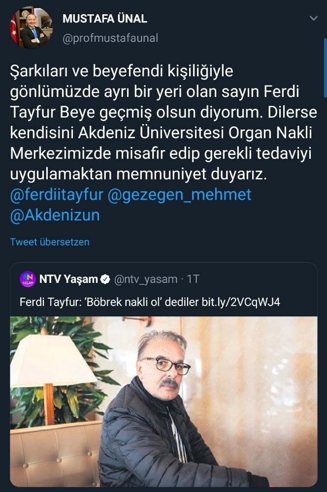 Rektör Ünal, Ferdi Tayfur'u tedavi için Antalya'ya davet etti