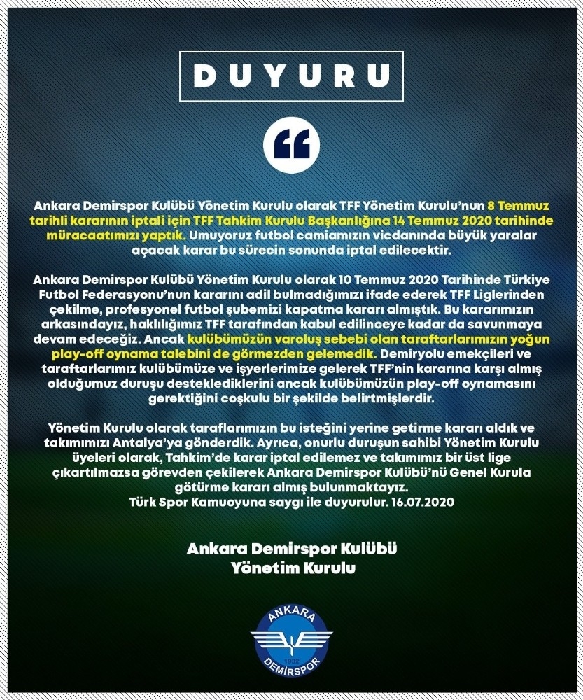 Ankara Demirspor, Play-Off maçlarına çıkma kararı aldı