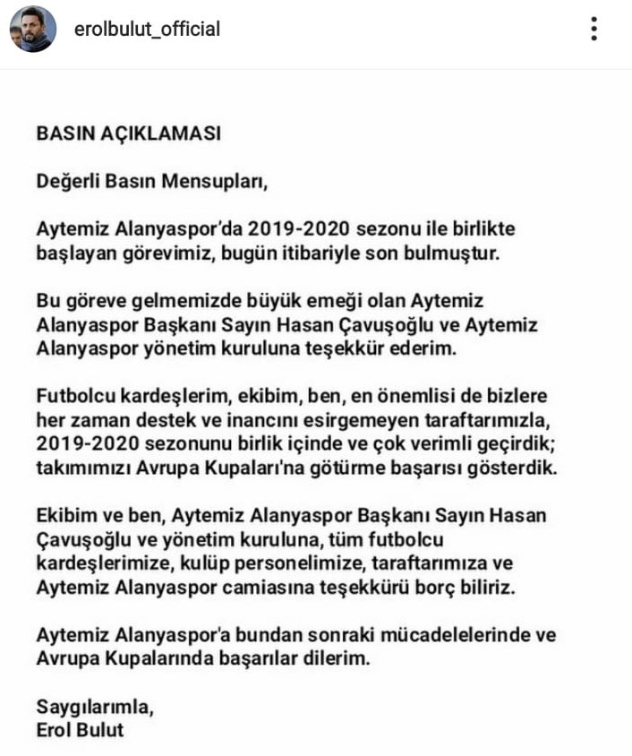 Erol Bulut, Alanyaspor'a veda etti