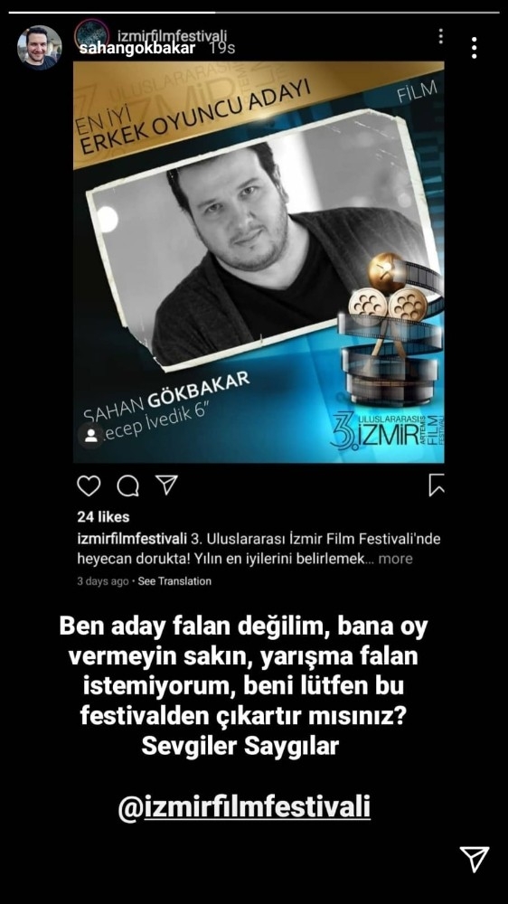 Şahan Gökbakar, İzmir Film Festivalinde adaylıktan çıkarıldı