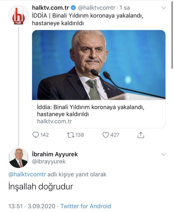 Binali Yıldırım'ın hastalığına sevindi