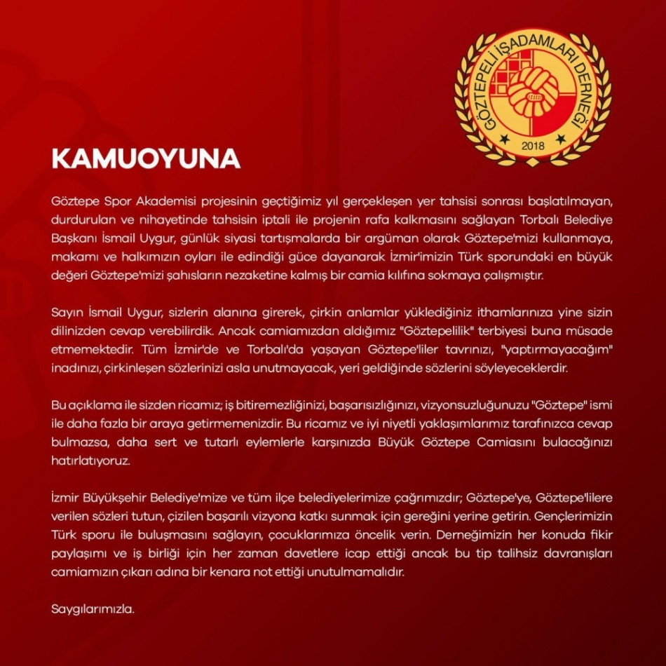 Göztepe'den Başkan Uygur'a tepki