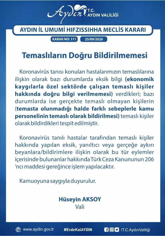 Aydın Valiliğinden önemli korona kararı
