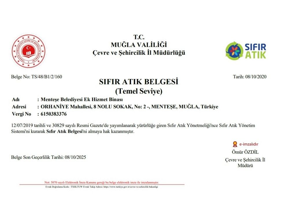 Menteşe Belediyesi'ne "Sıfır Atık" Belgesi