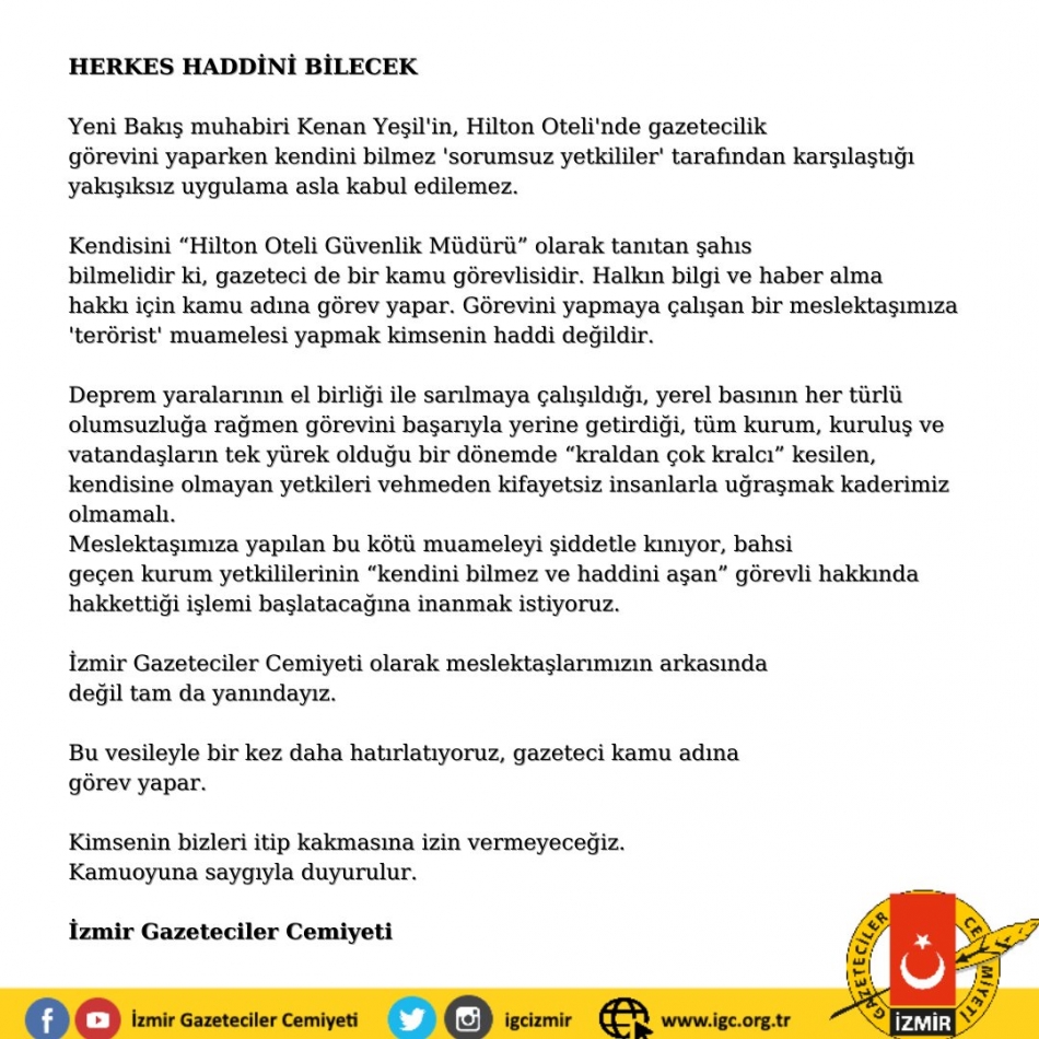 Hilton'da gazeteciye gözetime tepki