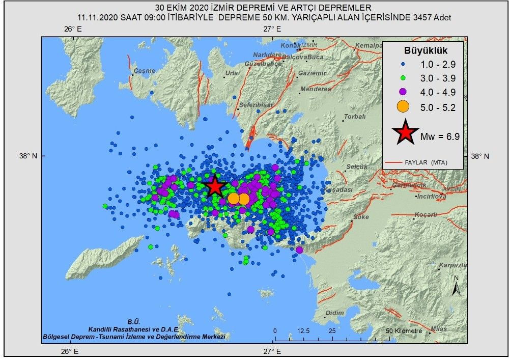 Ege'de 3 bin 457 artçı deprem meydana geldi
