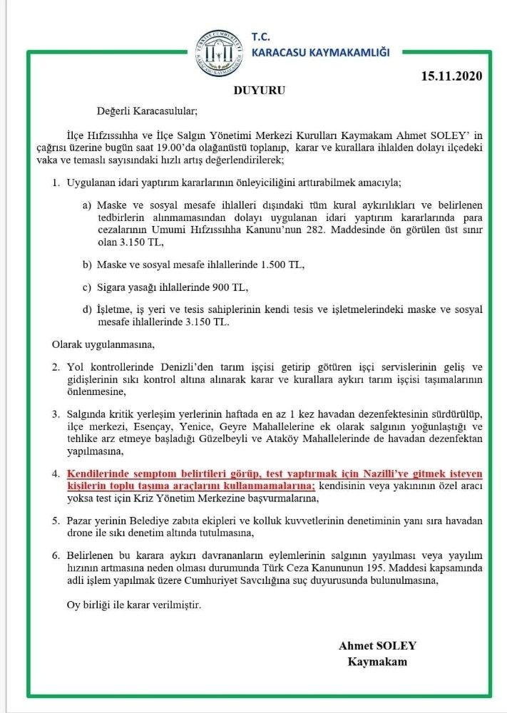 Karacasu'da korona cezaları üst sınıra çekildi