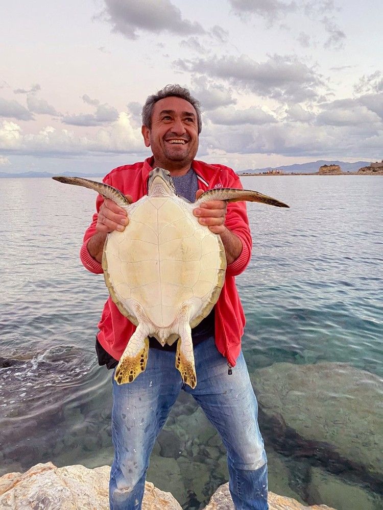 Caretta deniz kaplumbağasını balıkçılar kurtardı