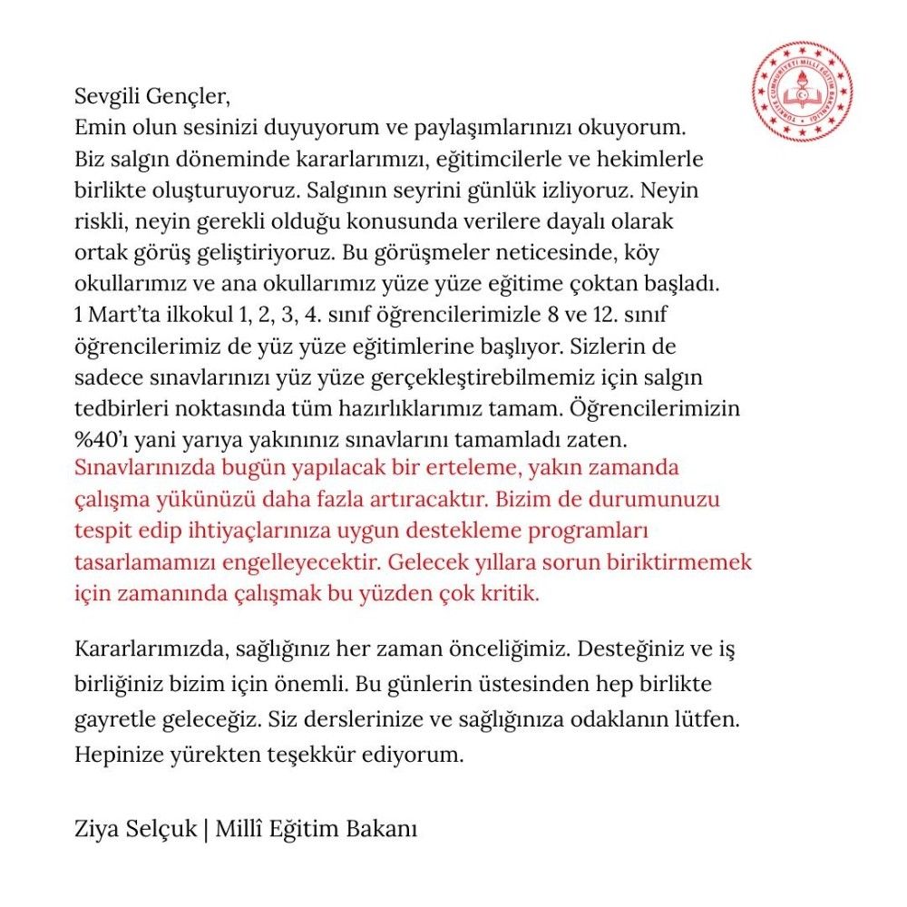 Bakan Selçuk: Sevgili gençler, yüz yüze sınavlar yapılacak