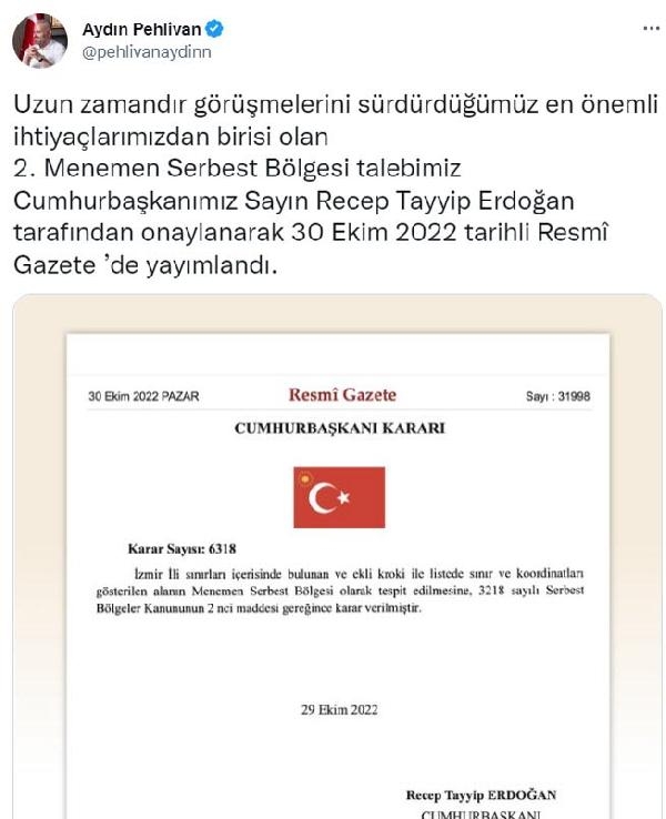 İzmir'e 4. serbest bölge Menemen'de kurulacak