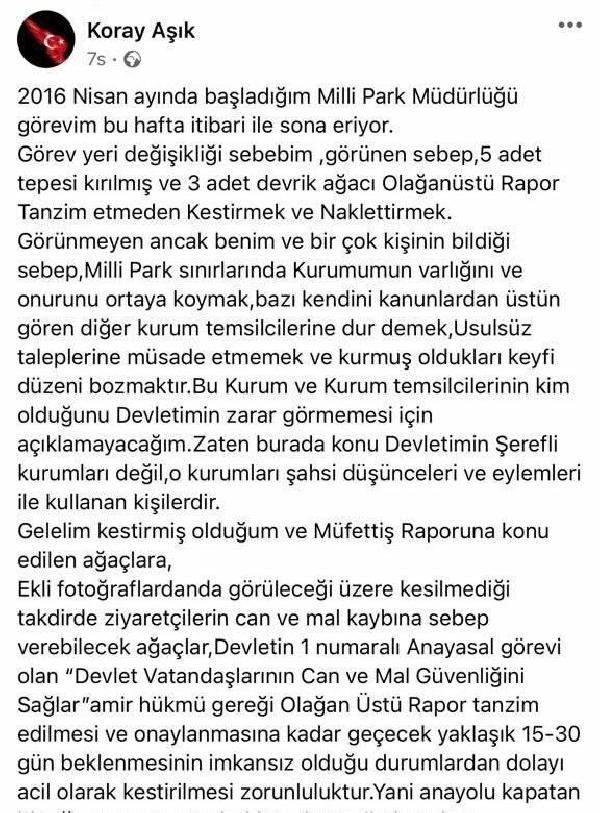 8 ağaç kestiren Milli Parkı Müdürü görevden alındı